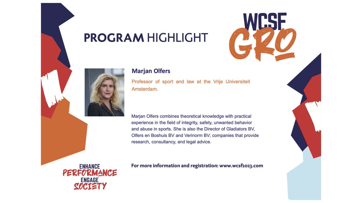 WCSF2023 (@wcsf2023) on Twitter photo 📢🗣️Announcement‼️
Professor <a href="/MarjanOlfers/">Marjan Olfers</a> will be one of the keynote speakers <a href="/wcsf2023/">WCSF2023</a> in Groningen! She will talk about safe climate in football⚽️🏈🏉<a href="/VUamsterdam/">Vrije Universiteit Amsterdam (inactief)</a> <a href="/nocnsf/">NOC*NSF</a> <a href="/KNVB/">KNVB</a> <a href="/SportserviceNL/">Team Sportservice</a> <a href="/NLsportraad/">NederlandseSportraad</a>
Register: tinyurl.com/wt8kn2ac ✅
More info👇 📢🗣️Announcement‼️
Professor <a href="/MarjanOlfers/">Marjan Olfers</a> will be one of the keynote speakers <a href="/wcsf2023/">WCSF2023</a> in Groningen! She will talk about safe climate in football⚽️🏈🏉<a href="/VUamsterdam/">Vrije Universiteit Amsterdam (inactief)</a> <a href="/nocnsf/">NOC*NSF</a> <a href="/KNVB/">KNVB</a> <a href="/SportserviceNL/">Team Sportservice</a> <a href="/NLsportraad/">NederlandseSportraad</a>
Register: tinyurl.com/wt8kn2ac ✅
More info👇