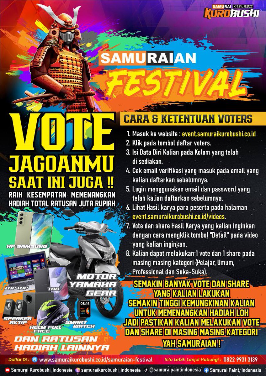 samurai_paint's tweet photo. Haloo Samuraian!
Yuk ramaikan Samuraian Festival dengan memilih jagoanmu!
Cukup daftar, vote dan Share jagoanmu, 
Kamu bisa memenangkan Motor Yamaha Gear, Handphone, Table dan Ratusan Hadiah Menarik lainnya!
Hanya di Samurai Paint!

https://t.co/Ps0Xs5RWkk https://t.co/dH5pSf4ERO