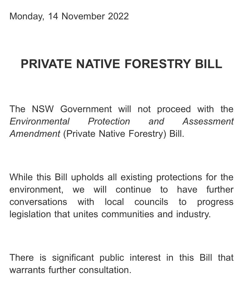 Penny Sharpe (@pennysharpemlc) on Twitter photo Update: NSW Gov have pulled the forestry bill. You know that they'll try it again but it is gone for now. ๐จ๐จ๐จ. Here is their statement. ๐๐พ๐๐๐ผ #nswpol Update: NSW Gov have pulled the forestry bill. You know that they'll try it again but it is gone for now. ๐จ๐จ๐จ. Here is their statement. ๐๐พ๐๐๐ผ #nswpol