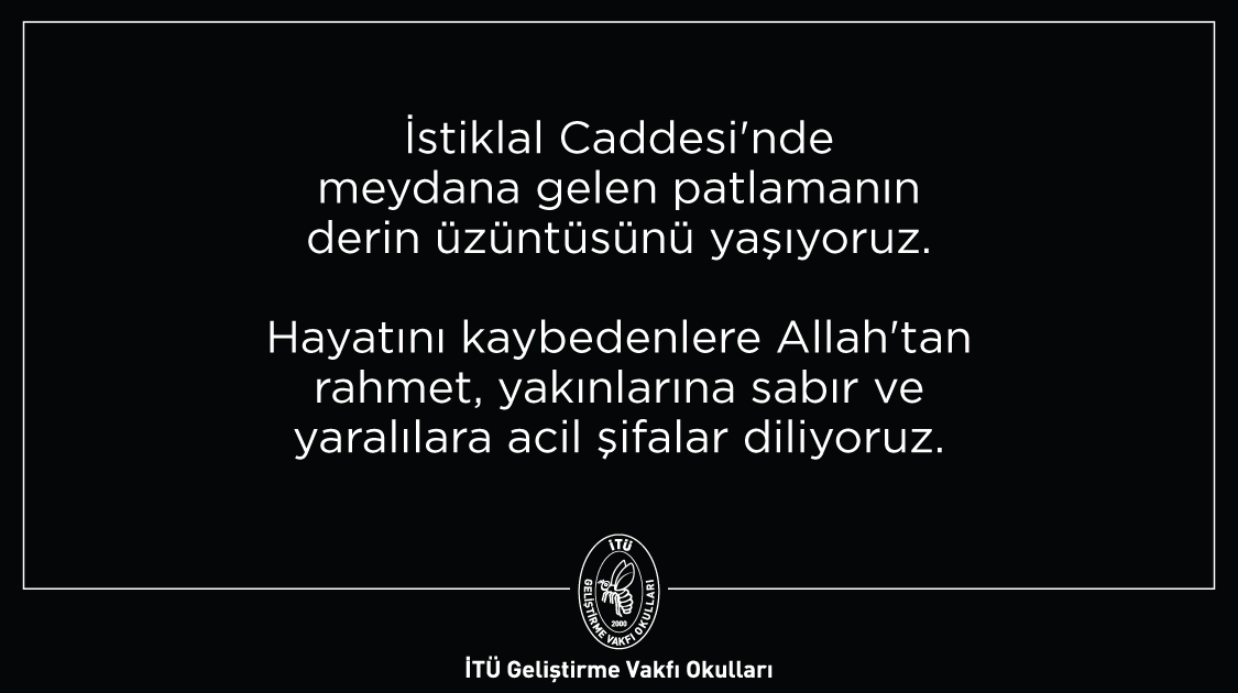 Başımız sağ olsun. İstiklal Caddesi'nde meydana gelen patlamanın derin üzüntüsünü yaşıyoruz. Hayatını kaybedenlere Allah'tan rahmet, yakınlarına sabır ve yaralılara acil şifalar diliyoruz. #itugvo #taksim #itu1773