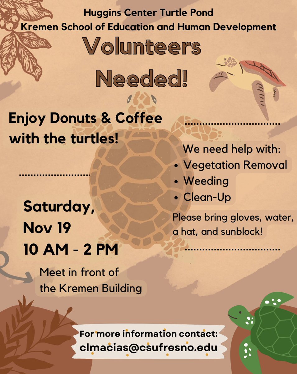 Join us at the Turtle Pond! 🐢☕️🍩
<a href="/FresnoKremenEdu/">Kremen School of Education and Human Development</a>