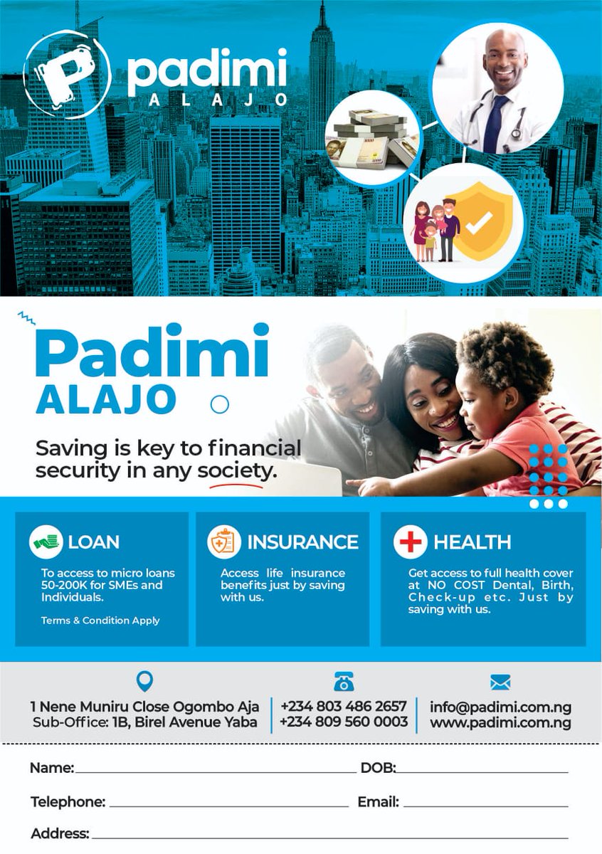 padimico's tweet image. Big things start small. Tiny drops will fill a buck if given enough time.A tiny savings plan today would be tomorrow's saving grace. 

Join padimi alajo.Get social security instantly.Access to healthcare, insurance and micro-credit.Just by saving a little daily,weekly or monthly