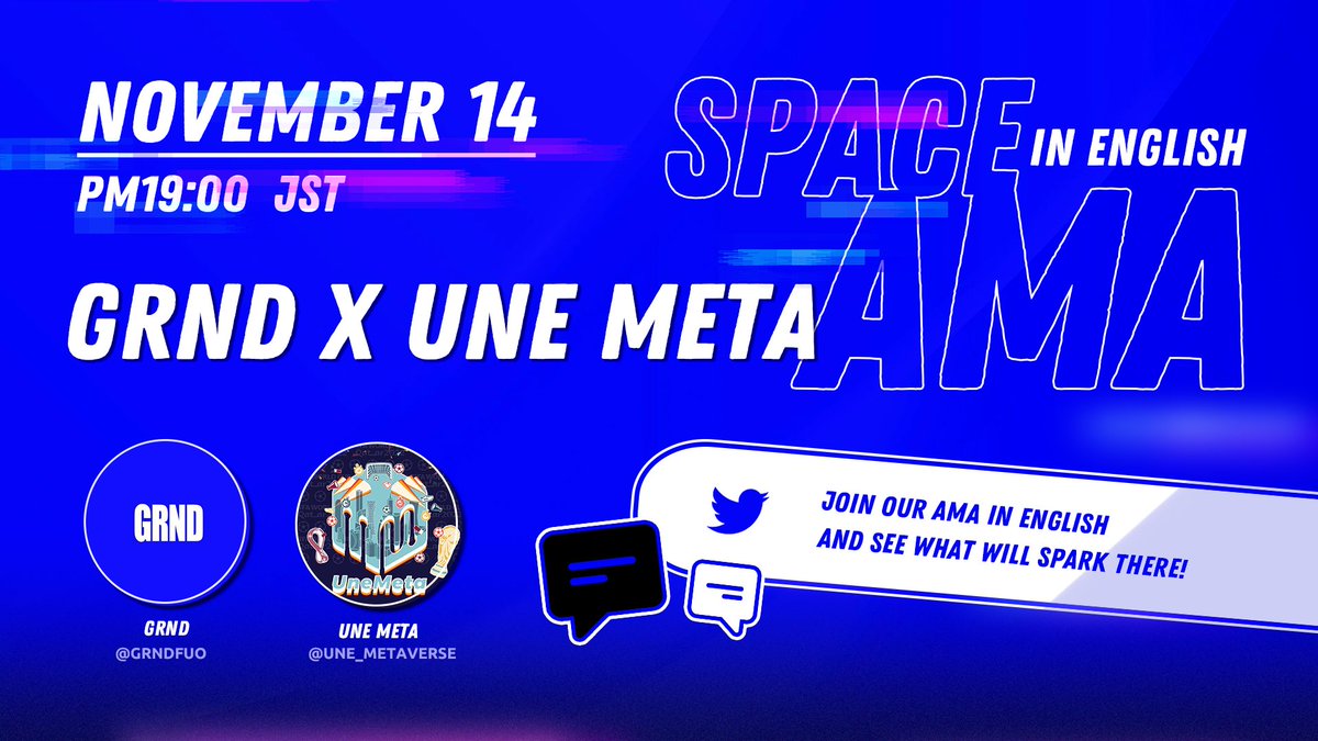 GRND (@grndfuo) on Twitter photo ⏰November 14, PM19:00 (JST)
English AMA |GRND x Une Meta
Host with @UNE_METAVERSE, platform launched the <a href="/hanazawa_nft/">Second Dimension</a> project🎤
Let's talk about how top Jp IP explore their possibility in web3🎤Don’t miss out!
🗝️Follow <a href="/GRNDFUO/">GRND</a> <a href="/FUOofficial/">FUO</a> , @UNE_METAVERSE & <a href="/hanazawa_nft/">Second Dimension</a> ⏰November 14, PM19:00 (JST)
English AMA |GRND x Une Meta
Host with @UNE_METAVERSE, platform launched the <a href="/hanazawa_nft/">Second Dimension</a> project🎤
Let's talk about how top Jp IP explore their possibility in web3🎤Don’t miss out!
🗝️Follow <a href="/GRNDFUO/">GRND</a> <a href="/FUOofficial/">FUO</a> , @UNE_METAVERSE & <a href="/hanazawa_nft/">Second Dimension</a>