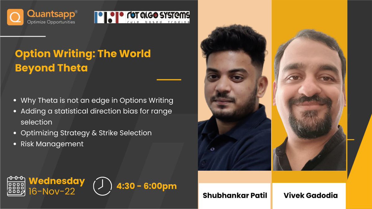 technovestor's tweet photo. Hear it straight from the experts at @quantsapp
Webinar on Options Writing: Beyond Theta
Date: 16-Nov, Wednesday
Time: 4:30 - 6:00 pm
Register here: https://t.co/MKCFiODsS3
Share for maximum reach and impact, guaranteed learnings :) https://t.co/bMujUAYVOo