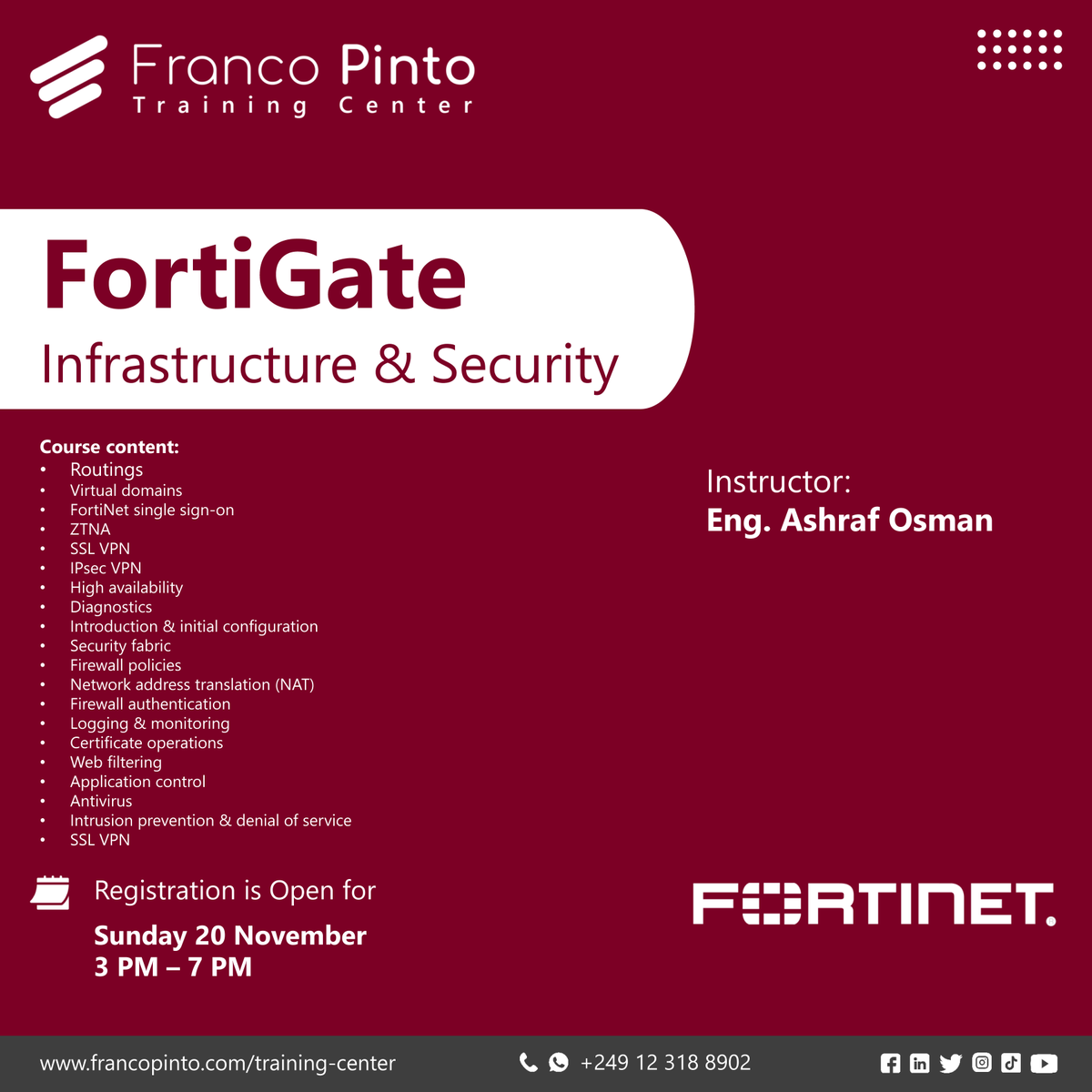 PintoTraining's tweet photo. Franco Pinto Training Center presents:

FortiGate (Infrastructure &amp; Security) course

Instructor: Eng. Ashraf Osman

for more details please contact us:
Call &amp; WhatsApp: 0123188902

#fortigate https://t.co/eG5zj8Sz89
