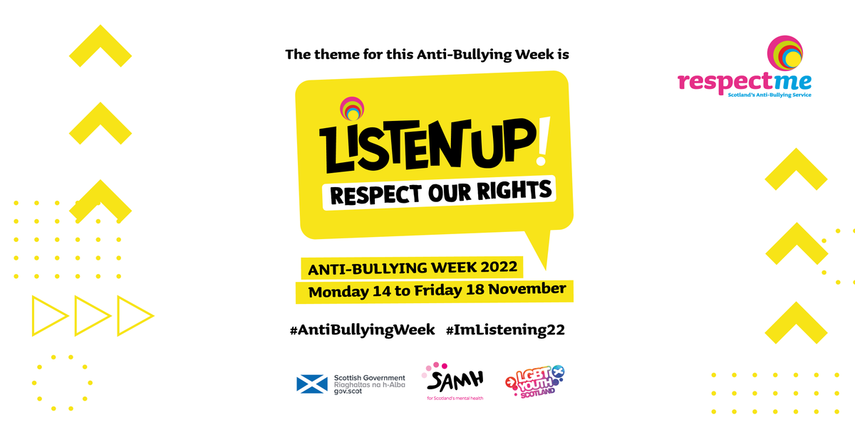 SAMHtweets's tweet photo. This #AntiBullyingWeek, we’re supporting @_respectme_’s campaign ‘Listen Up! (Respect our Rights)’ 📢

Bullying is never acceptable and we can all take practical steps to protect children’s rights in Scotland.

Join the campaign: https://t.co/MWdbHMsYe9 

#ImListening22 https://t.co/cjs5iiycly