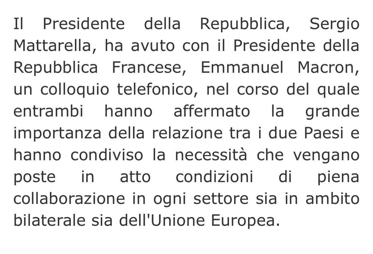 Colloquio telefonico tra il Presidente #Mattarella 🇮🇹 e il Presidente della Repubblica Francese #Macron 🇫🇷: