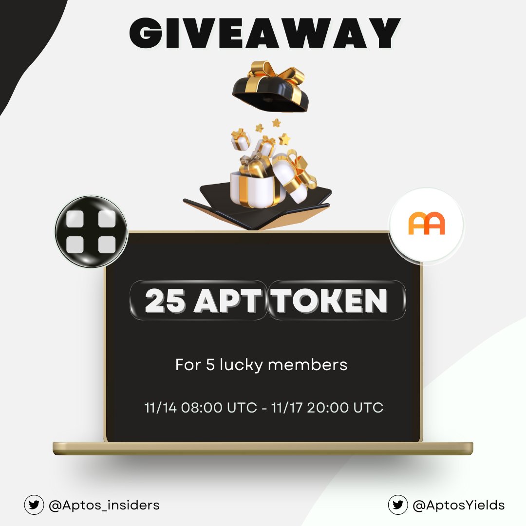 Congratulation on our collaboration with @AptosYields

🎁 Giveaway 25 $APT tokens for 5 lucky members

👉To win
1️⃣ Follow @AptosYields &amp; @Aptos_insiders
2️⃣ Like, Retweet &amp; Tag 3 friends
3️⃣ Comment your all proof below this tweet👇

⏰72 hours

#Aptos #AptosNFT #Airdrops
