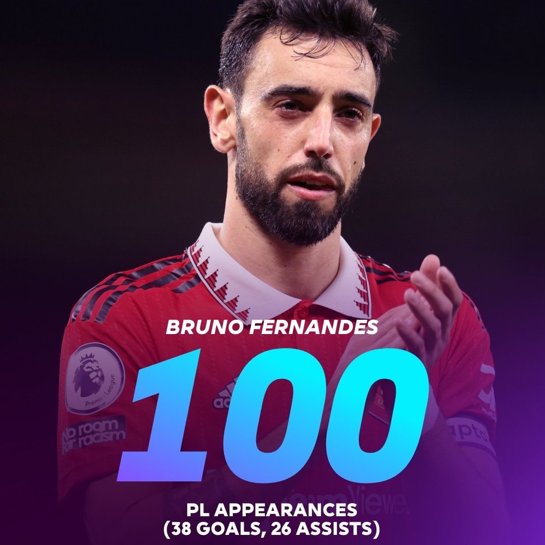 man_utd_views's tweet photo. Bruno hits a new milestone at United. 💯 Premier League appearances. #MUFC #GGMU #ManUtd #Bruno #PremierLeague https://t.co/wy2comiAmR