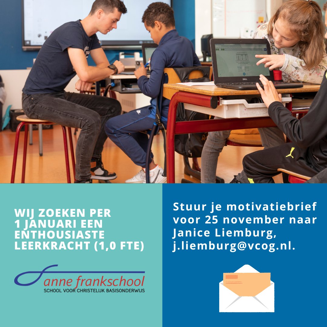 Wij zijn voor de Anne Frankschool in Hoogkerk op zoek naar een enthousiaste leerkracht. Kom jij ons team per 1 januari versterken? Solliciteer dan via: vcog.nl/wp-content/upl…