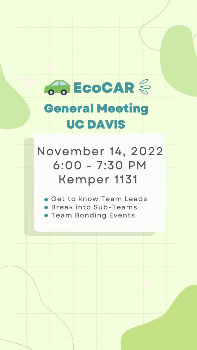 Join us on Monday, Nov 14 from 6 to 7:30 at Kemper Hall 1131 for our general meeting!🚙💨
#EcoCAREVChallenge