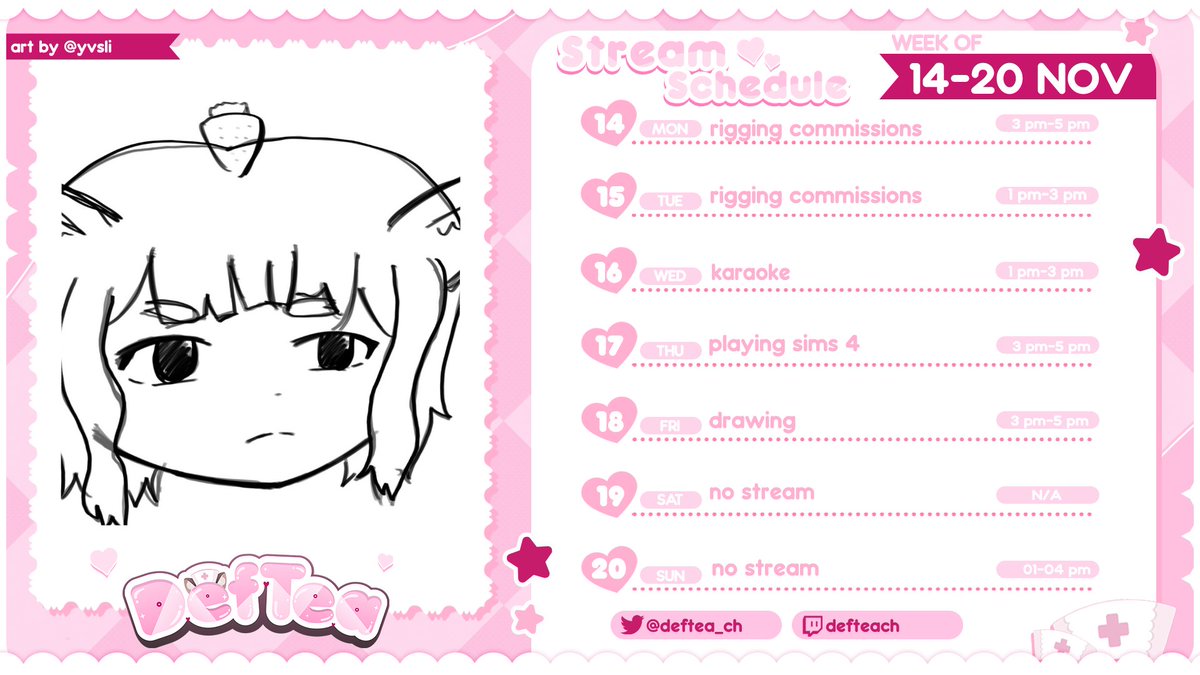 deftea_ch's tweet photo. ok so i havent streamed in a while (again) buuut heres this weeks schedulee! schools on break so ill be able to stream often! all times on gmt+3!
twitch: https://t.co/0Uu0N6ExAw
art tag: #defnArt
general tag: #deftea
#Vtuber #VtuberUprsing #VtubersEN https://t.co/1oox9soRO1