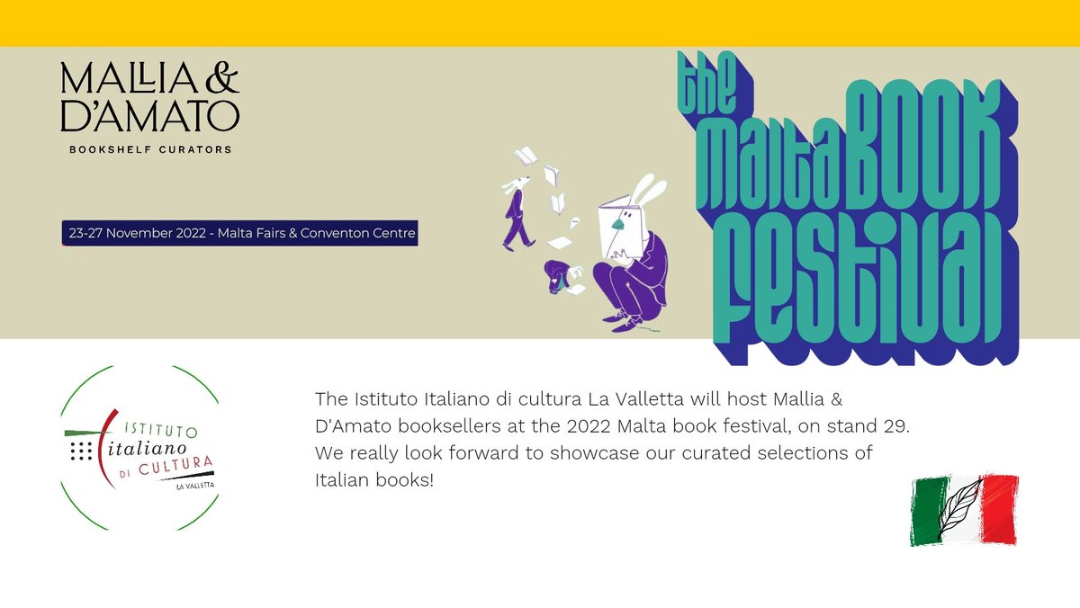Quest'anno abbiamo preso una decisione che ci ha fatto felice-diventare una libreria italiana a Malta. BookFestival 23-27 Nov
#libri #lettaraturacontemporanea <a href="/Mondadori/">Mondadori</a> <a href="/Rizzoli_Books/">Rizzoli Publications</a> <a href="/libribompiani/">Bompiani</a> <a href="/adelphiedizioni/">Adelphi Edizioni</a> <a href="/feltrinellied/">Feltrinelli Editore</a> <a href="/PremioStrega/">PremioStrega</a> <a href="/sellerioeditore/">Sellerio editore</a> <a href="/Einaudieditore/">Einaudi editore</a>