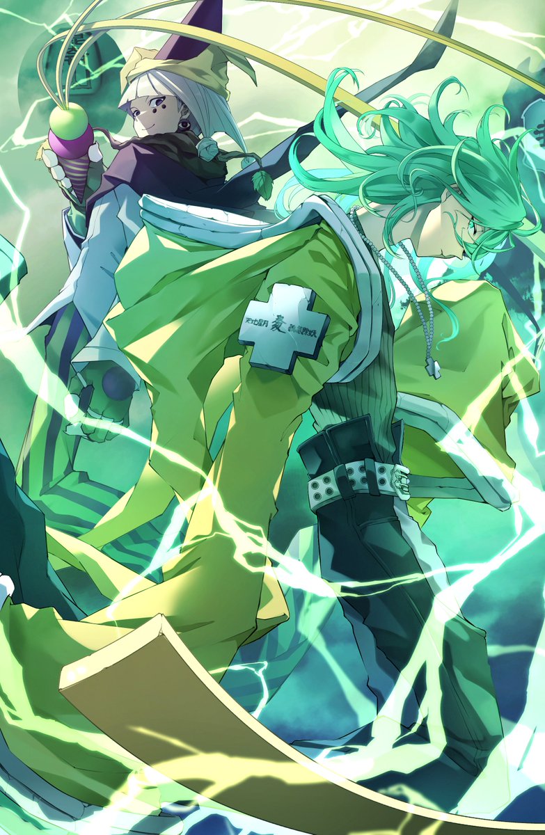 multiple boys 2boys male focus green hair hat staff jewelry  illustration images