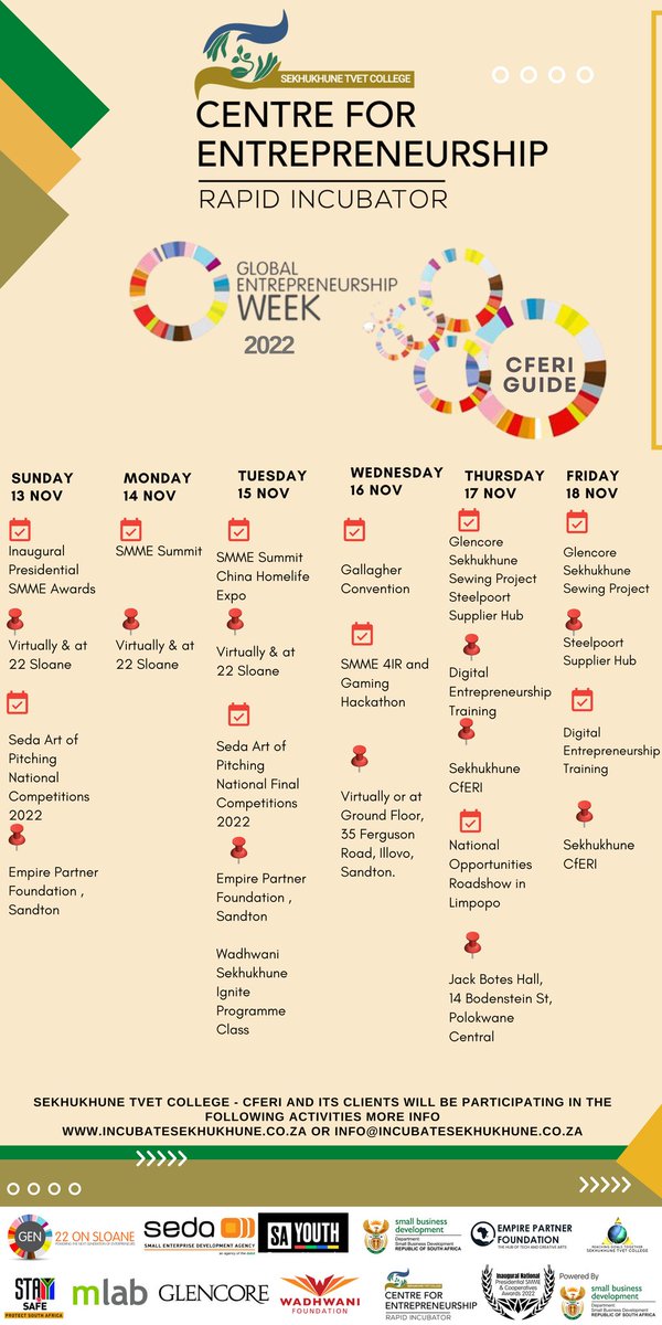 🌎 Global Entrepreneurship week is back with existing 📆 line-up of events including worships, seminars, entrepreneurship talks and more! 🎉🎉✈️

Checkout our #GEW2022 guide ➡️ to see more of this week day’s activities!

#GEW2022
#GlobalEntrepreneurshipweek
#SekhukhuneCfERI