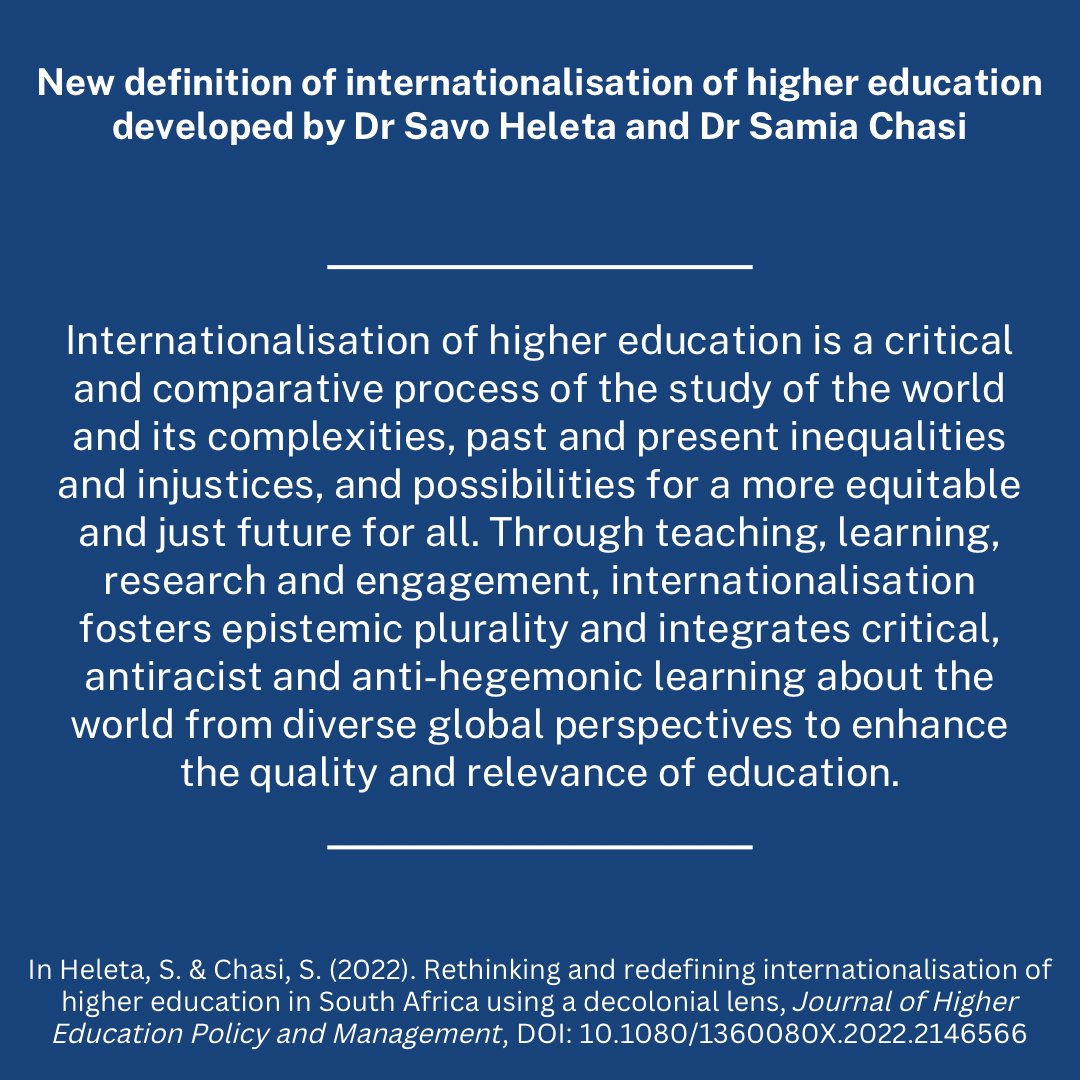I am delighted to share my latest academic publication, co-authored with Dr Samia Chasi, in which we propose a new definition of internationalisation of higher education. 

tandfonline.com/doi/full/10.10…

#highered #intled #internationalisation #internationalization #JHEPM