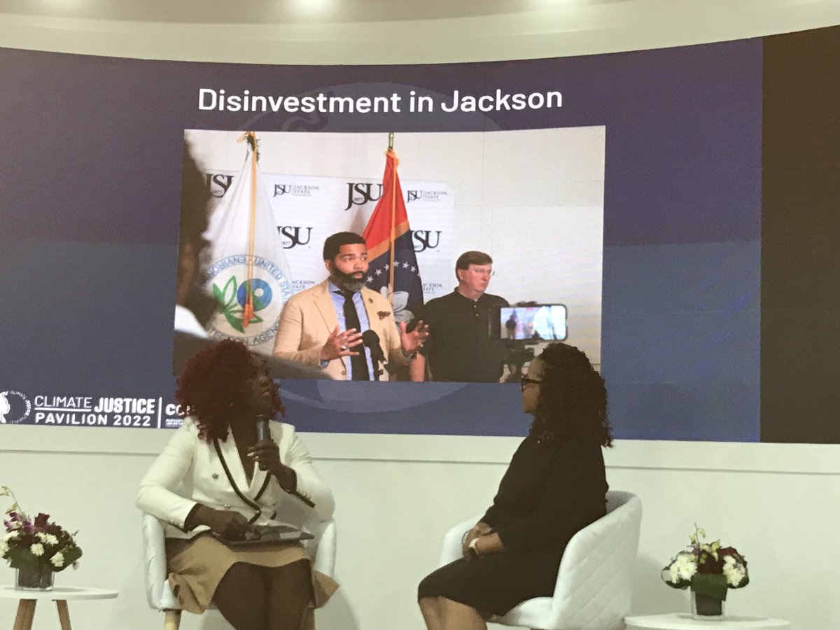 ⁦<a href="/NAACP/">NAACP</a>⁩ dynamic duo, ⁦<a href="/MsAConner/">Abre' Conner</a>⁩ and Patrice Willoughby, presenting on the Jackson, MS water crisis at the UNFCCC COP 27 in Sharm El Sheikh, Egypt. Clean, safe drinking water is a fundamental human right! ⁦<a href="/DerrickNAACP/">Derrick Johnson</a>⁩, ⁦<a href="/MSNAACP/">MS NAACP</a>⁩, ⁦<a href="/DSCEJ/">Deep South Center for Environmental Justice</a>⁩