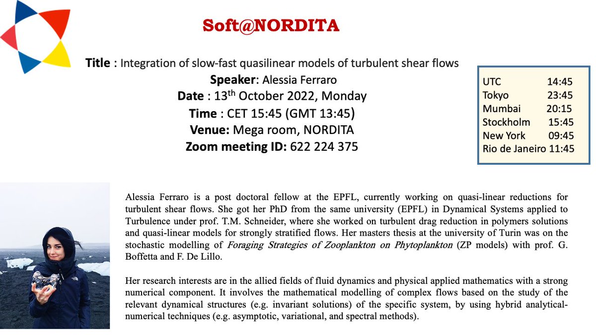 Please tune in today at CET 15:45, for the seminar by Alessia Ferraro on the "integration of slow-fast quasilinear models of turbulent shear flows".

Location: Mega Room, Nordita
More details on: indico.fysik.su.se/event/7954/
Zoom link: stockholmuniversity.zoom.us/j/622224375