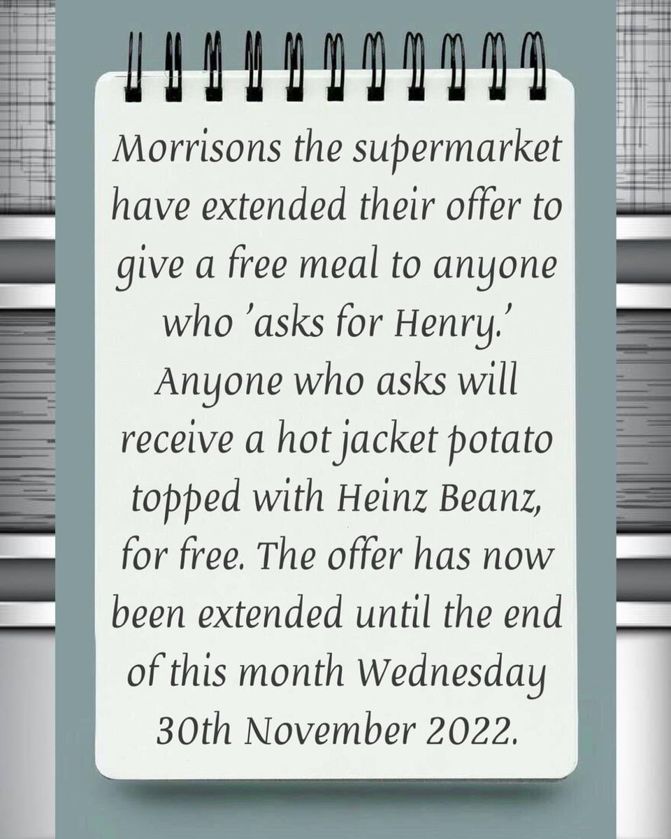 soul_chester's tweet photo. Morrisons have extended their free  jacket potato topped with Heinz Beans to anyone who ‘asks for Henry’ until 20th November👏👏👏👏 https://t.co/fQ35c9TroO