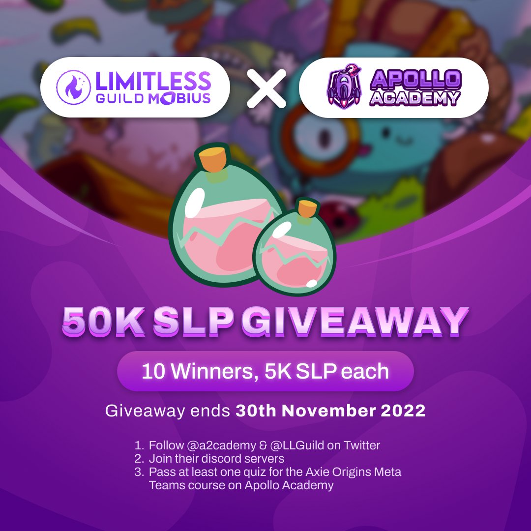 ⚡️50K SLP Giveaway!⚡️

1. Follow @a2cademy &amp; <a href="/LLGuild/">☀️ LedgerLegends</a>
2. Like, Retweet &amp; Tag 3 friends
3. Join discord.gg/saladventures &amp; discord.gg/llgmobius
4.Register as a Student at Apollo Academy (learn.apollo.academy)