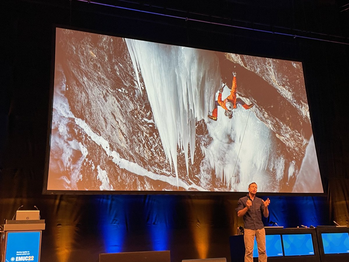 Interesting to see the parallels discussed between free climbing and medicine. Free climber Dani Arnold showing his instruments during his 'motivational speech' on the last day of #EMUC22 in Budapest.