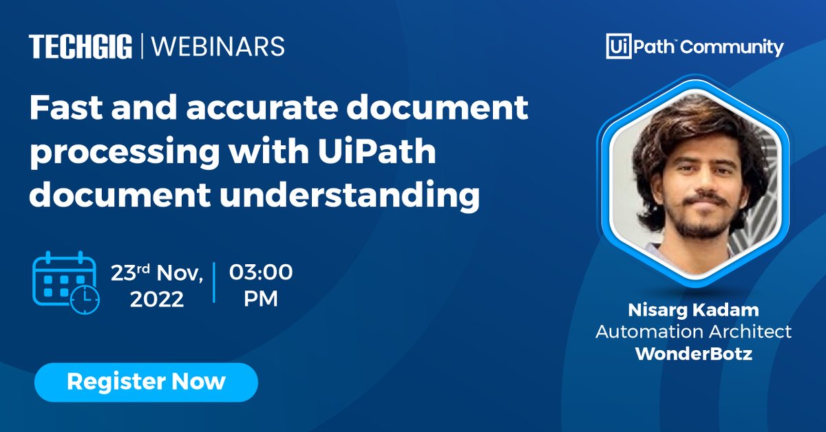 techgigdotcom's tweet image. Meet our speaker Nisarg Kadam, Automation Architect, WonderBotz and learn about the #UiPath #DocumentUnderstanding, its framework and much more in a #webinar session on 23rd Nov 2022 at 3 PM IST ➡️ bit.ly/3tqGcKj. Register Now!!!
#TechGig #UpskillingAtTechGig #TechCareer