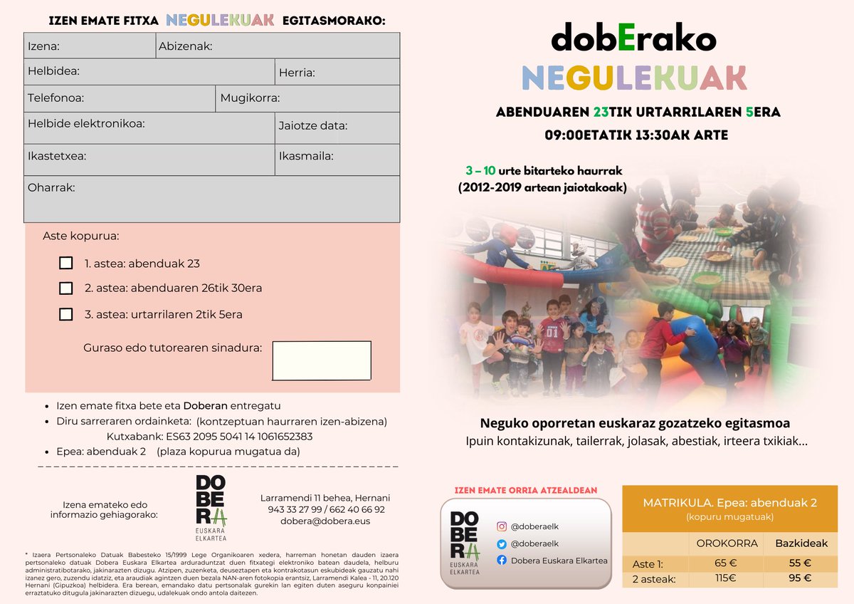 Badator Negua, eta horrekin batera, gabonetako oporretako negulekuak!!! 

Aurten bi astez, zenbait ekintzaz gozatzeko aukera izango dute etxeko txikiek; irteera txikiak, jolasak, tailerrak...

Zatoz gurekin abenduaren 23tik urtarrilaren 5era bitartean oporrez gozatzera!!!