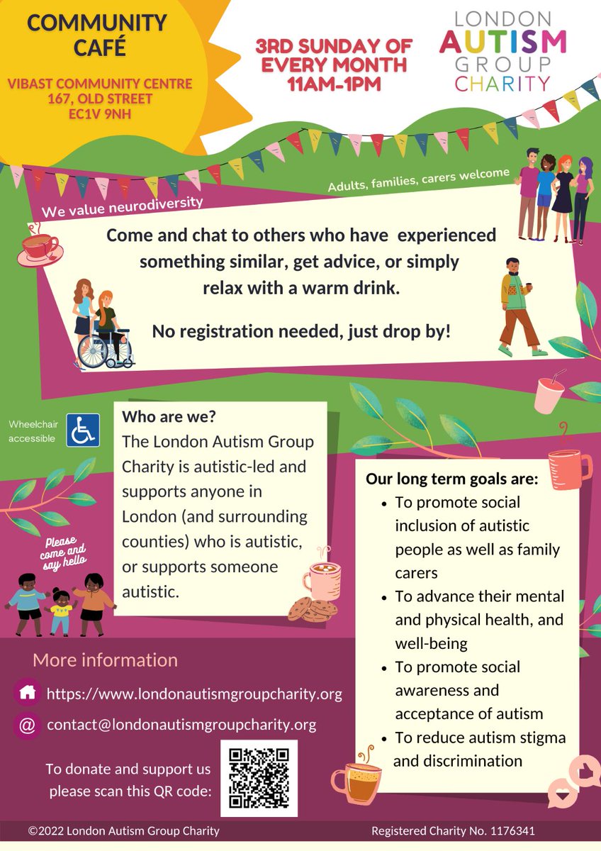 We'll be at the Vibast Community Centre in Old Street this Sunday at 11am-1pm for our new monthly autism drop-in community cafe! Come along to meet the team, other autistic people, parents etc. All ages and support needs welcome. Free drinks and snacks too! Please share 🙏
