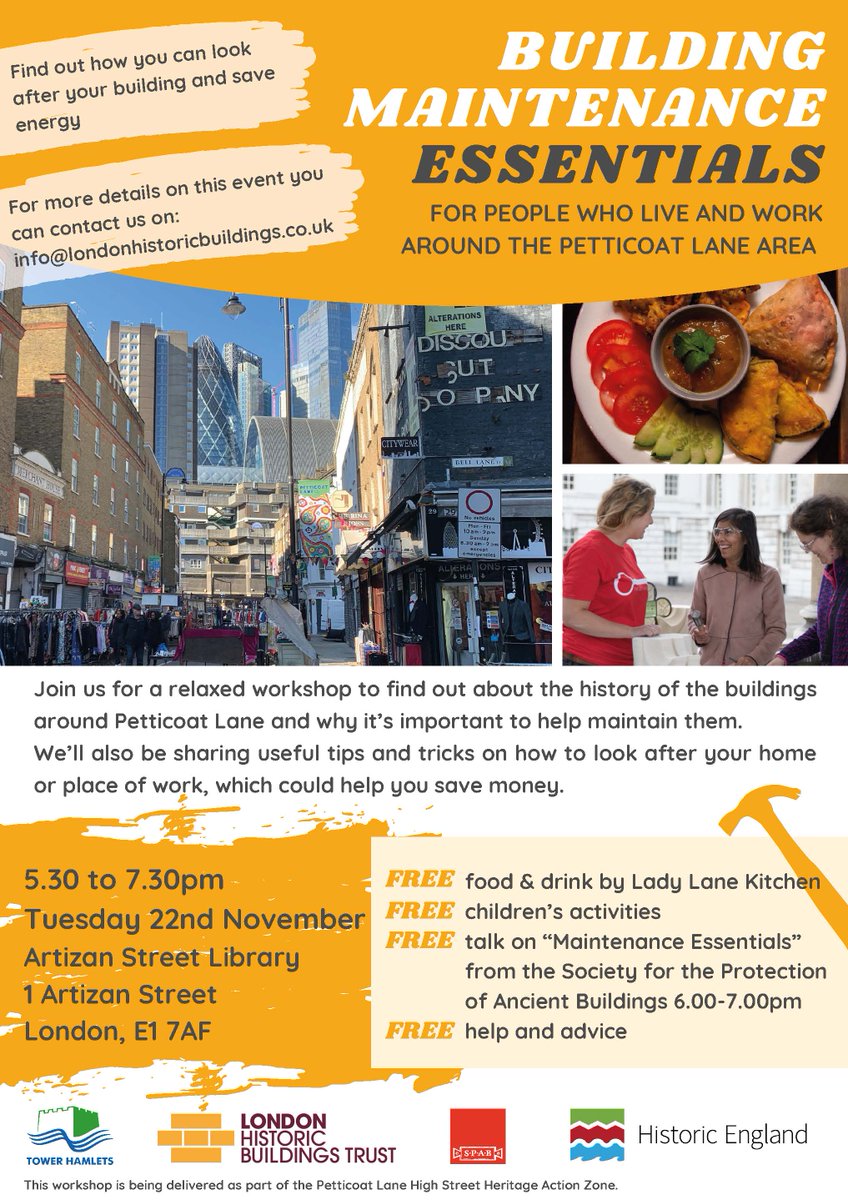 Are you local to Petticoat Lane? Chances are you live or work in a historic building!

Join us on 22 Nov at @artizanlibrary for a FREE community event to get advice and support on looking after your building.

Food, drink and kids activities available too! 

#historichighstreets