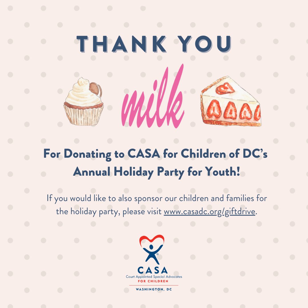 CASAofDC's tweet photo. Thank you @milkbarstore for donating treats to CASA DCโs Annual #Holiday Party for Youth! Our kids are going to love it. ๐
Thereโs still time to donate or be a sponsor! Visit https://t.co/pr99zMHRNa to give.
#milkbar #milkbarstore #kids #casadc #casa #fosteryouth #fostercare https://t.co/gkWH9a3Ixj