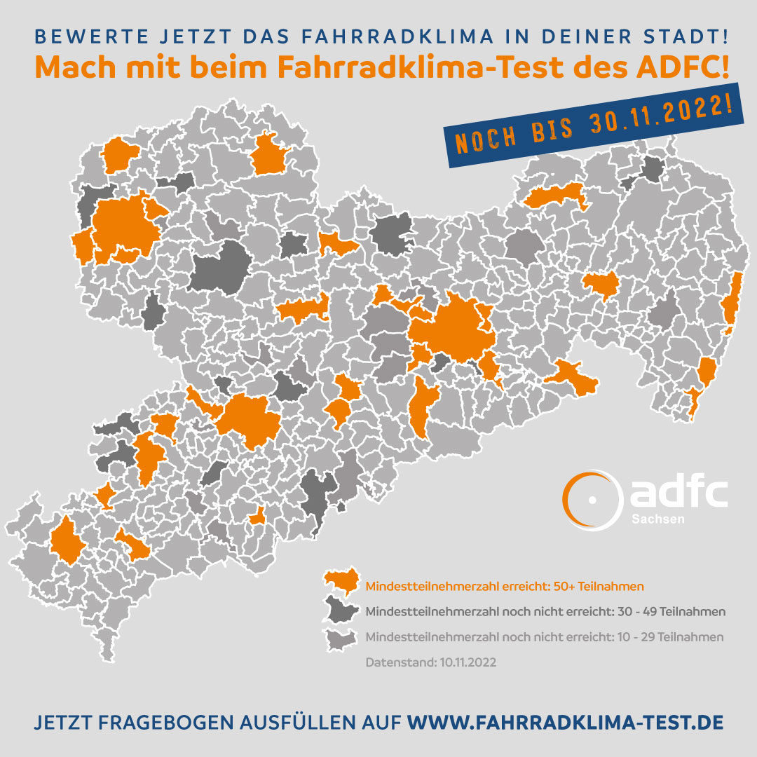 ADFC_SN's tweet image. Nach aktuellem Stand kommen 31 Städte und Gemeinden in #Sachsen in die Auswertung des #Fahrradklima-Tests. noch bis Ende November läuft die größte Befragung zum Radfahren weltweit. 🚲
Hilf mit, teile die Karte und bewerte das #Radklima in deiner Gemeinde! fahrradklima-test.de