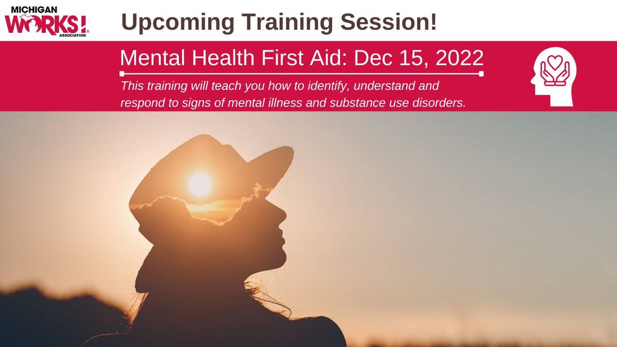 MichWorksAssn's tweet photo. In this upcoming Mental Health First Aid training, you'll learn about the skills needed to reach out &amp; provide support to someone who may be developing a mental health or substance use problem and help connect them to the appropriate care.

Register today: https://t.co/fdMZZvRpiA https://t.co/Gj2cjEk9pr