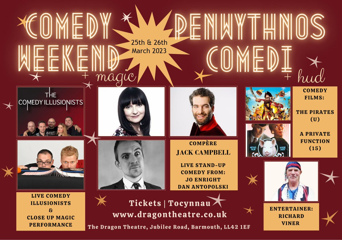 Dragon Theatre (@theatryddraig) on Twitter photo Get these dates in your diary!
We are SO excited to announce our 2023 Comedy Weekend - tickets for all events are on sale right now tinyurl.com/jz5cmnkn
Can't wait to welcome <a href="/JCampbellComedy/">Jack Campbell</a>, <a href="/jo_enright/">Jo Enright</a>, <a href="/danantopolski/">Dan Antopolski</a>
and more to Barmouth!
<a href="/BigFootEvents/">Big Foot Events</a> <a href="/alivenetwork/">Alive Network</a> Get these dates in your diary!
We are SO excited to announce our 2023 Comedy Weekend - tickets for all events are on sale right now tinyurl.com/jz5cmnkn
Can't wait to welcome <a href="/JCampbellComedy/">Jack Campbell</a>, <a href="/jo_enright/">Jo Enright</a>, <a href="/danantopolski/">Dan Antopolski</a>
and more to Barmouth!
<a href="/BigFootEvents/">Big Foot Events</a> <a href="/alivenetwork/">Alive Network</a>