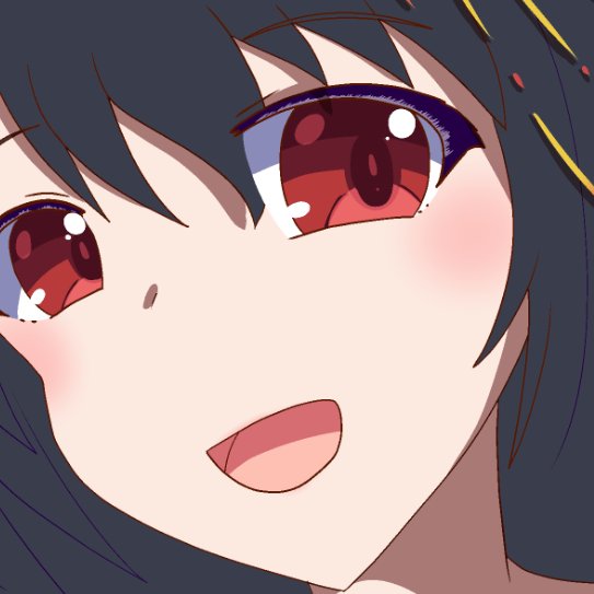 1girl solo red eyes black hair open mouth smile close-up  illustration images