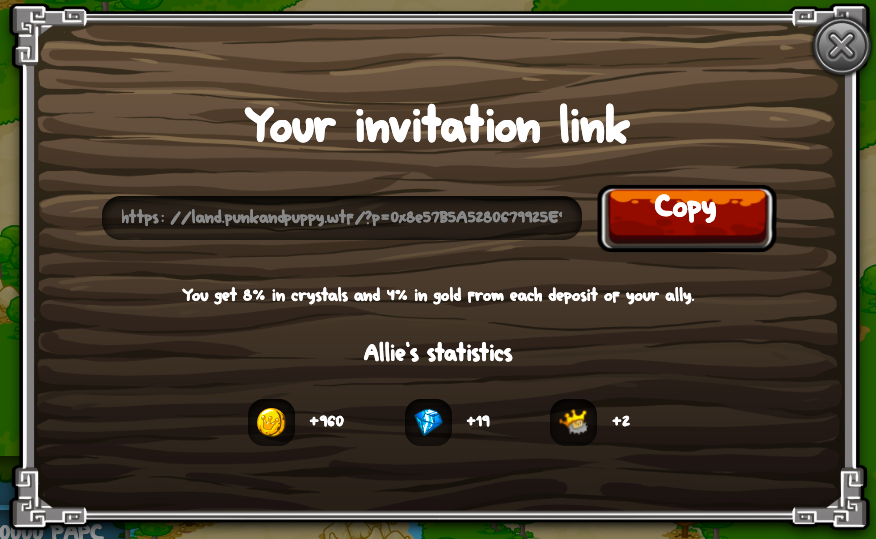 PunkAndPuppy's tweet photo. You can invite your friends to join the Punk And Puppy Land, thereby forming a defensive alliance. Defensive alliances allow you to receive additional income, each alliance will give you 8% in crystals and 4% in gold from the amount of investment of the invited participant. https://t.co/4tmZNYGylv