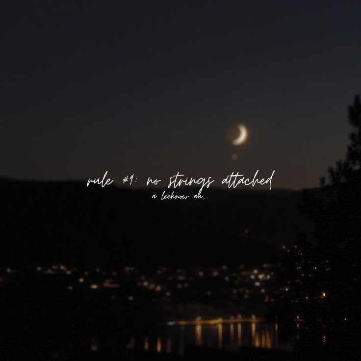 — Rule #9: No Strings Attached.
a #leeknow x oc au

wherein a rumor has spread throughout the campus that Maevis (oc) is dating Riz (lmh), her academic rival.