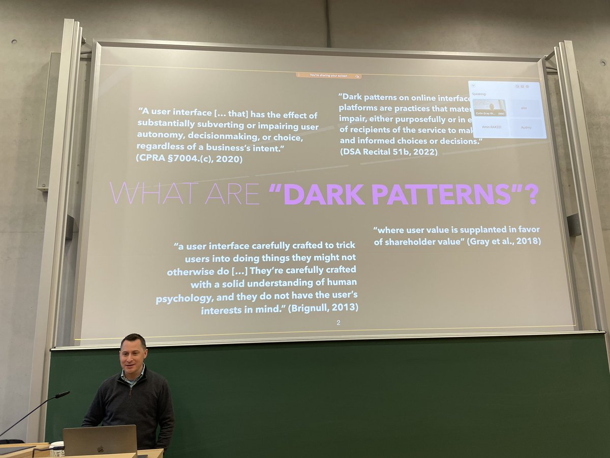 Carilall's tweet image. And here we start with @graydesign talk on #darkpatterns
There is a tension between users, stakeholders and society. “Dark patterns are where the user value is supplanted in favor of shareholder value” (Gray et al. 2018)