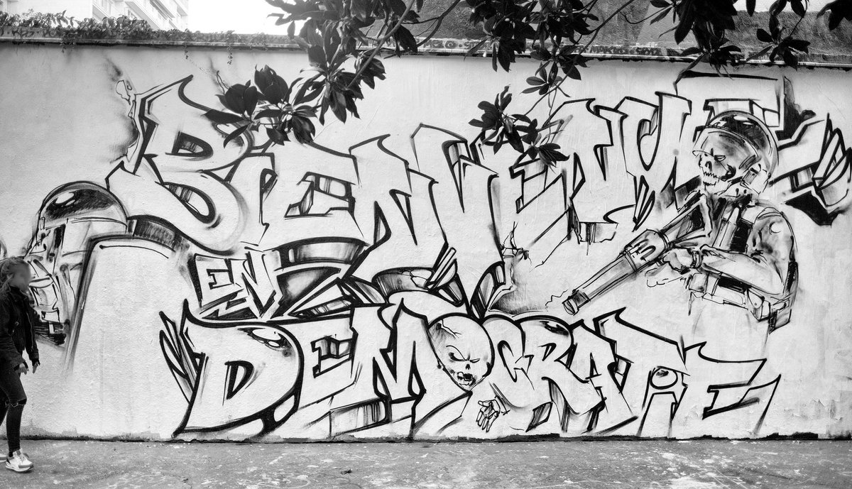 ContreAttaque_'s tweet photo. 49.3, LBD : BIENVENUE EN DÉMOCRATIE

Une nouvelle grande fresque a été réalisée dimanche 13 novembre dans le 19ème arrondissement de Paris par le collectif Black Lines. Le thème : 49.3 et démocratie. https://t.co/lHw9QfnWYr