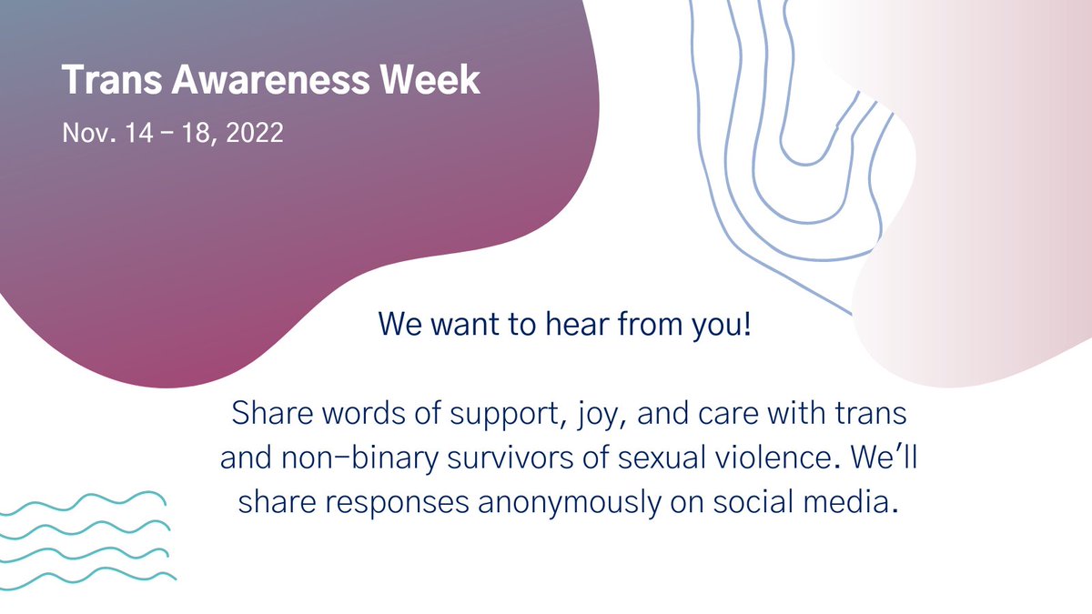 U of T Sexual Violence Prevention & Support (@uoftconsent) on Twitter photo It's #TransgenderAwarenessWeek! Send an affirmation  💌 to #Trans and #NonBinary survivors of #GBV - we'll share some anonymously later this week: ow.ly/yFSg50LBjIe
Full #TDOR calendar from <a href="/UofTSGDO/">U of T SGDO</a>: ow.ly/BK6h50LBjIc It's #TransgenderAwarenessWeek! Send an affirmation  💌 to #Trans and #NonBinary survivors of #GBV - we'll share some anonymously later this week: ow.ly/yFSg50LBjIe
Full #TDOR calendar from <a href="/UofTSGDO/">U of T SGDO</a>: ow.ly/BK6h50LBjIc
