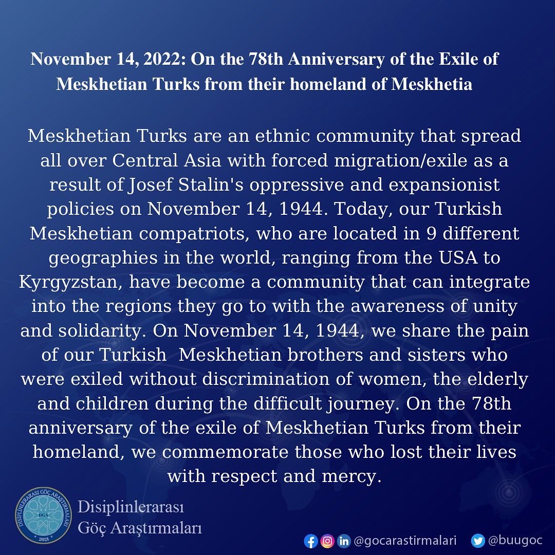 Ahıska Türklerinin anavatanlarından sürgünün 78.yılında hayatını kaybedenleri, saygı ve rahmetle anıyoruz. #ahıska  #ahıskatürkleri #meskhetians #meskhetianturks #sürgün #göç