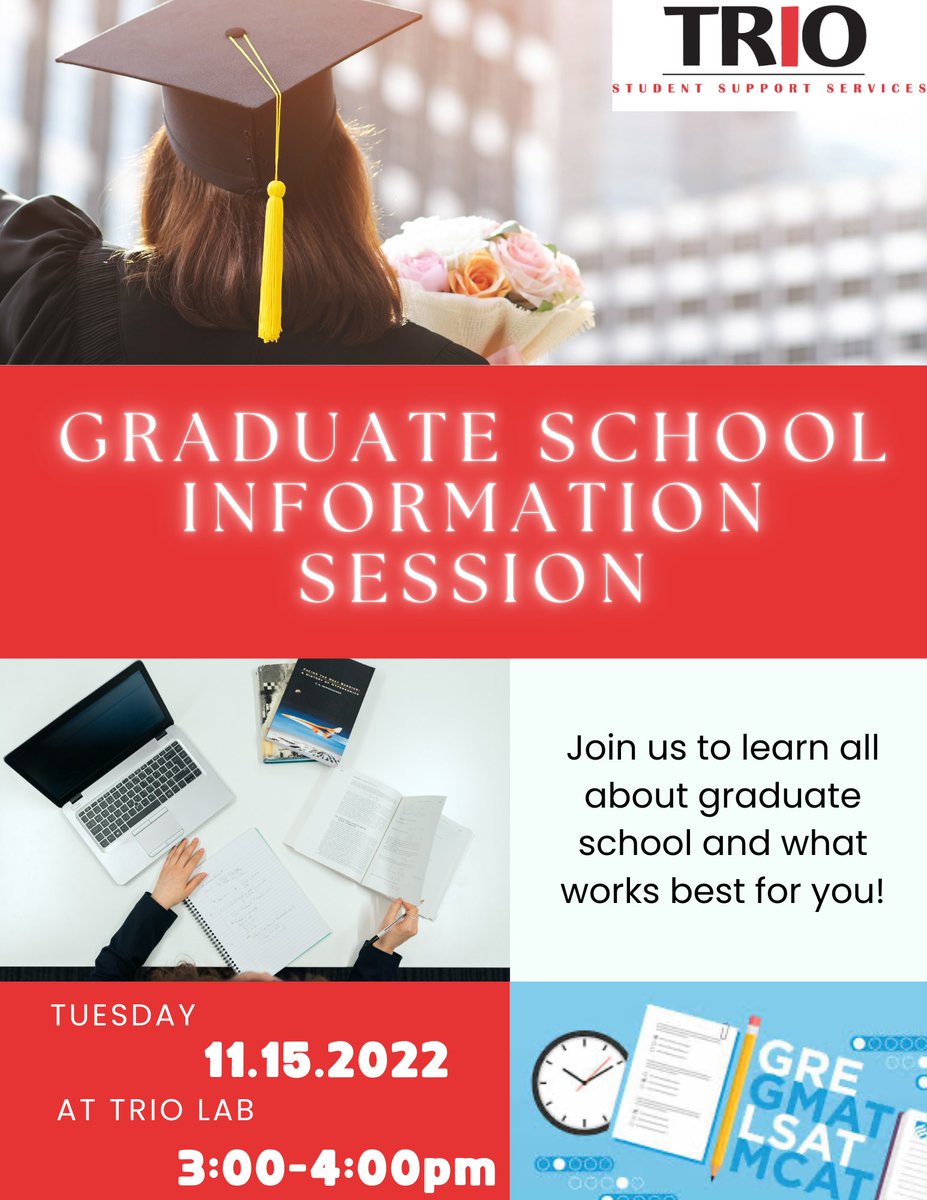 Junior and Seniors, are you contemplating pursing a graduate program after graduation? Be sure to attend the Graduate School Info session tomorrow from 3-4 P.M. in the TRiO Lab. UIW's very own assistant director of graduate admissions will be going over all of your next steps.