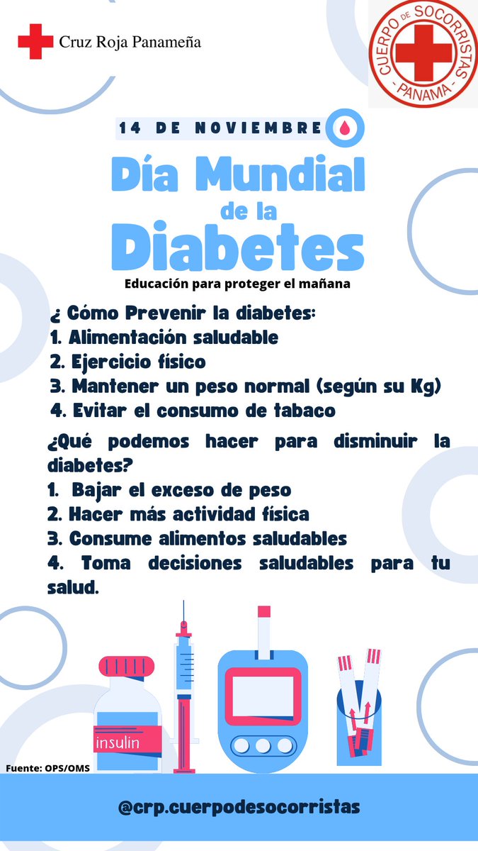 #Salud | La diabetes, es una de las principales causas de ceguera, insuficiencia renal, ataques cardíacos, derrames cerebrales y amputación de miembros inferiores, pero todo esto se puede prevenir. 
"Educación para proteger el manána"

<a href="/CruzRojaPanama/">Cruz Roja Panameña</a>
#CuerpodeSocorristas  #Salud