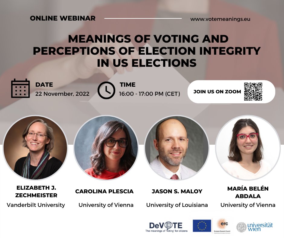 Join us for a discussion on the meanings of voting and perceptions of election integrity in the 2022 US elections with @carolinaplescia, @beluabdala, Jason Maloy & Elizabeth J. Zechmeister 🔜 via Zoom on 22.11 at 4pm (CET) univienna.zoom.us/j/62606342951?… ID: 626 0634 2951, Pass: 1234