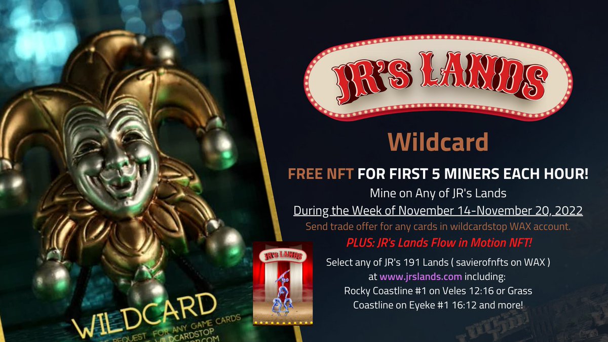 This week, mine on JR's Lands at the top of the hours for a Wildcard, which can be sent as a trade request for any card in the wildcardstop account.
