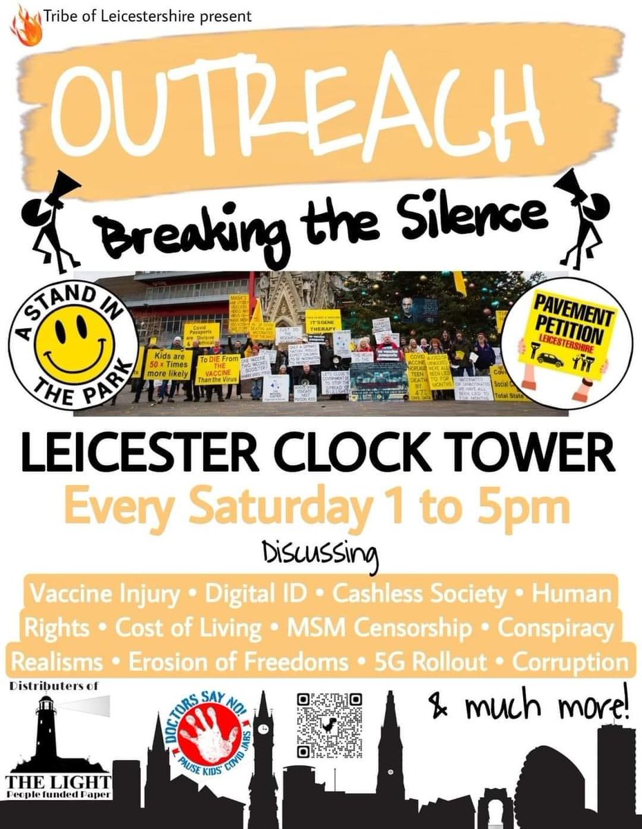 Freedom loving people of Leicester. We need your help on a Sat afternoon. Come join us for an hour or two, or stay for the duration. Hold a board, hand out leaflets or Light papers. We’d also welcome speakers, especially those injured by the experimental vaccines. Thank you.