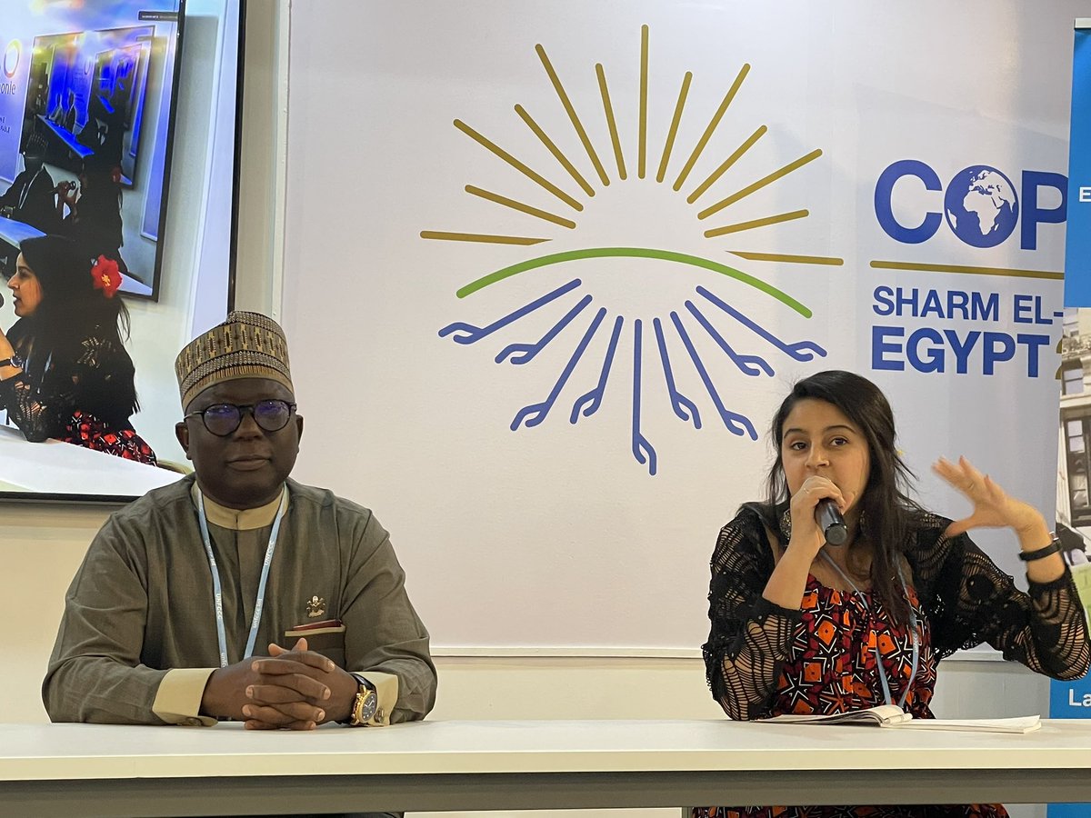 UNICEF_Nigeria's tweet photo. Happening now at #COP27
Session on the Declaration on Children, Youth &amp; Climate Action. Countries are sharing practices to inspire other countries to sign the declaration. 
The Director General of the Climate Change Council in Nigeria, Dr Salisu Dahiru shared tips from Nigeria. https://t.co/NFfs5oK36L