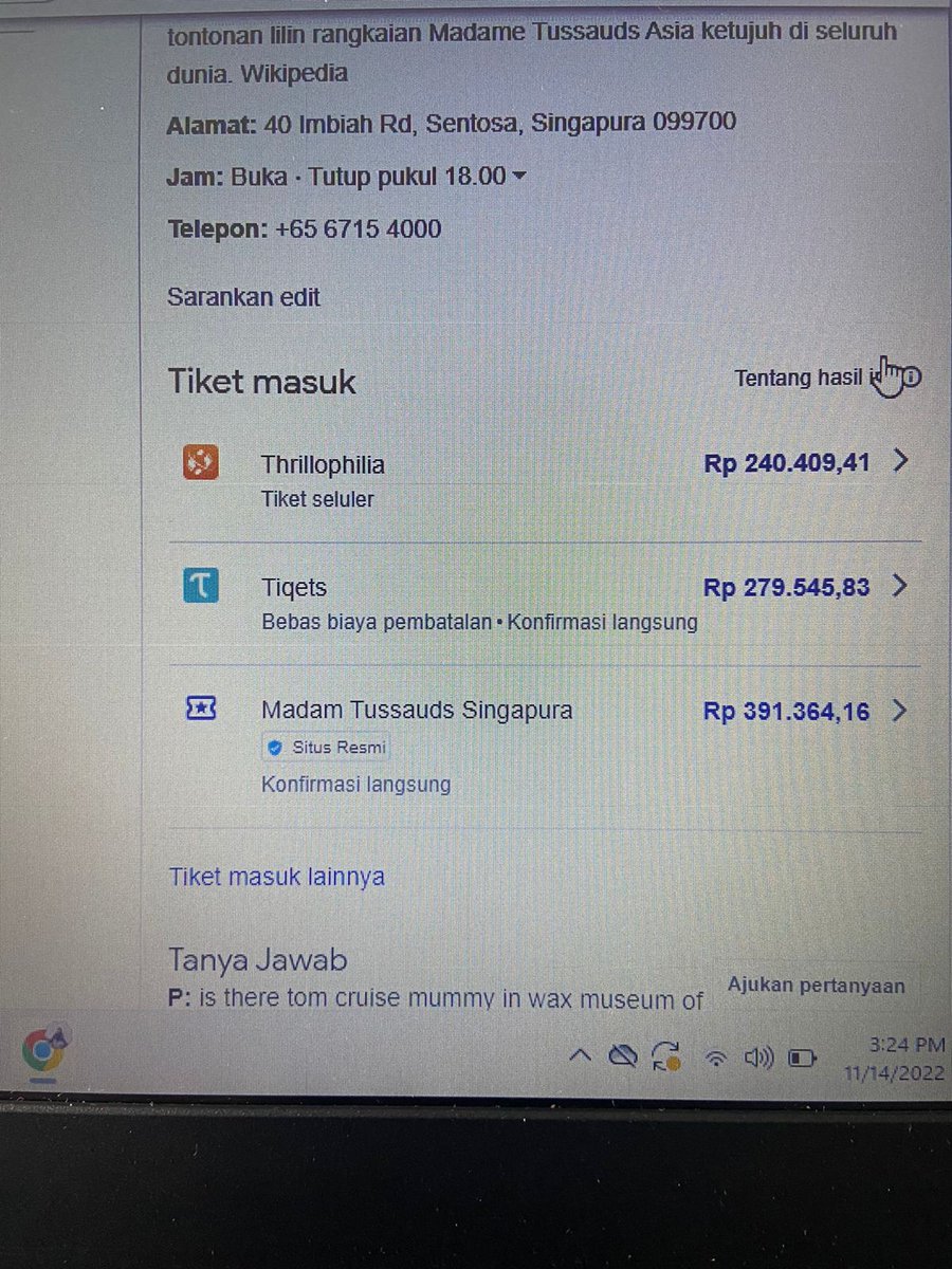 MariaSinaga01's tweet photo. Kira kira madame tussaud buka gak ya akhir tahun ini? Rencana mau liburan tahun baru ke singapore. Chek harga tiket masuk murah juga ternyata 😮😮😮 https://t.co/89y4AqCAlC