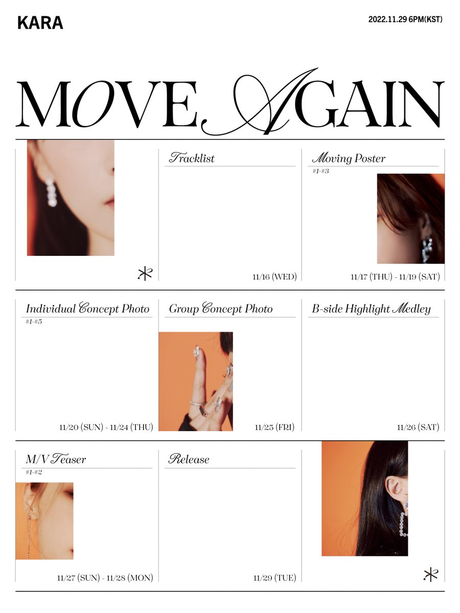 KARAOFFICIAL329's tweet photo. KARA 15th Anniversary Album
「 MOVE AGAIN 」 PROMOTION SCHEDULE

2022.11.29 RELEASE

#KARA #카라
#박규리 #한승연 #니콜 #강지영 #허영지
#MOVE_AGAIN https://t.co/bsgWttxwm6