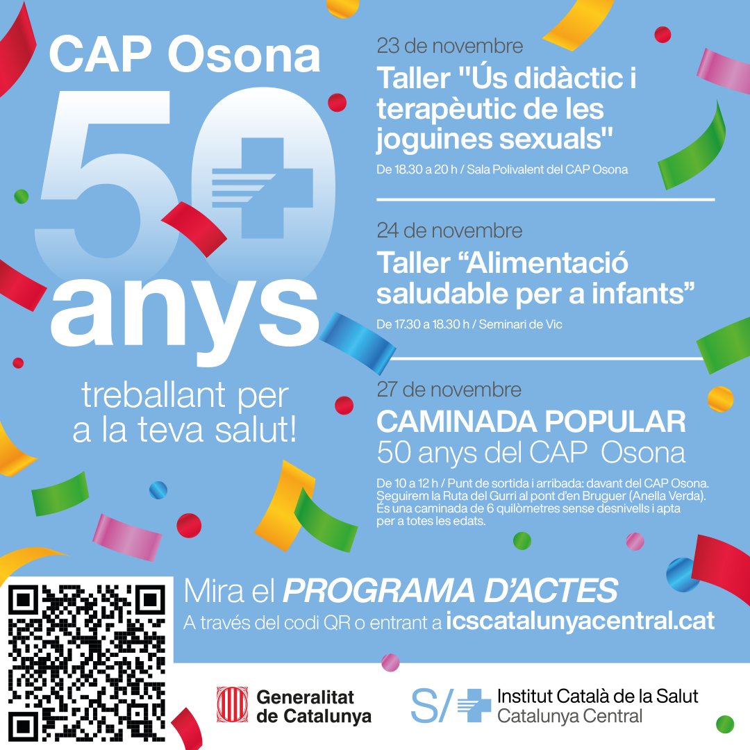 icscatcentral's tweet photo. 🔝🎊El CAP Osona compleix 50 anys i per celebrar-ho, l'@icscatcentral ha preparat un programa d'actes que arrencarà dilluns vinent amb una setmana plena de tallers: sòl pelvià, alimentació saludable, musicoteràpia, joguines sexuals... Inscripcions i +info👉https://t.co/WBz8mA0QL2 https://t.co/N9Q4yEh2Pw