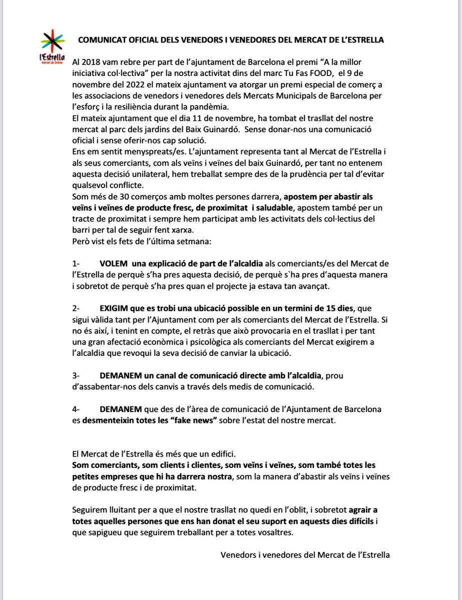 smanzano321's tweet photo. SOS al @mercatlestrella necessiten el suport de tots, son petits autònoms que aixequen cada dia la persiana i l’alcaldia els menyspreen!!! Avui es aquest mercat, però demà serem altres!!!
Suport 🙌 https://t.co/Dr26gS87jK
